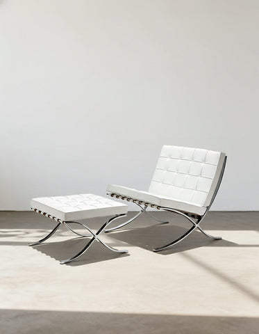 Classic Modern Barcelona Chair And Footstool, White Leather