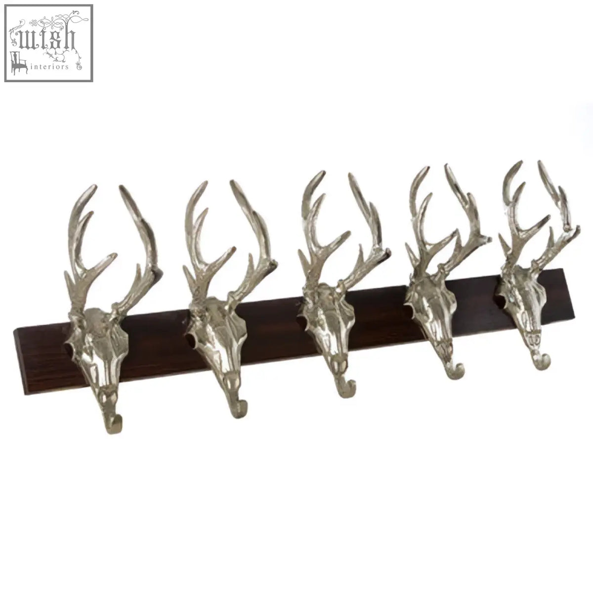 Silver deer antler stag head hanger with dark wood base perfect as a stylish and functional head hanger