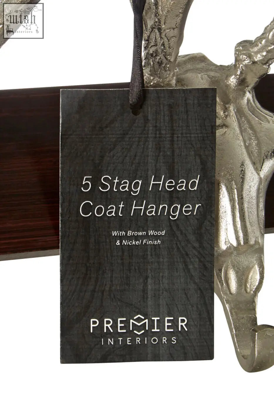 Silver-toned stag head hanger with nickel finish and brown wood accents perfect for coat organization