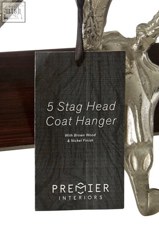 Silver-toned stag head hanger with nickel finish and brown wood accents perfect for coat organization