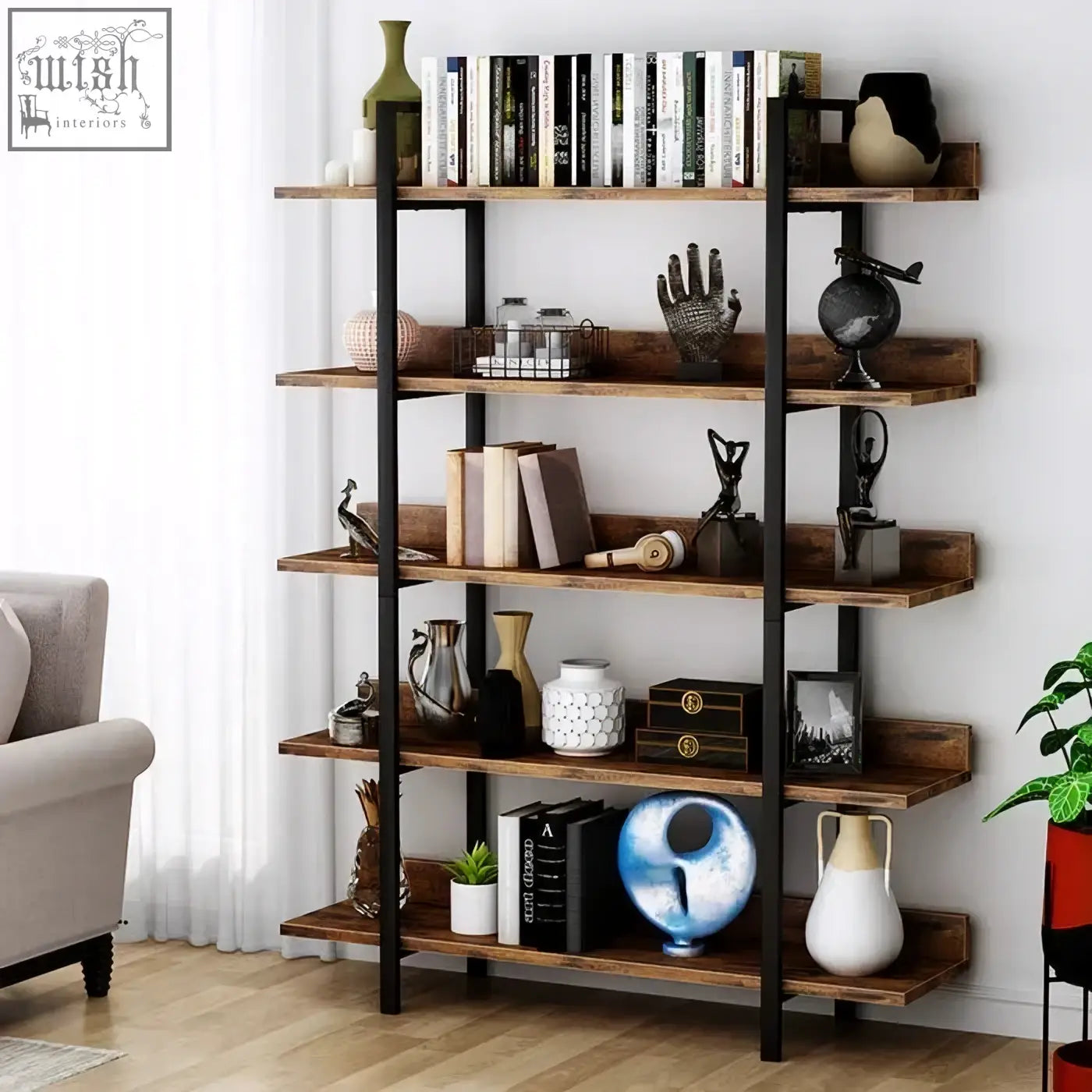 A 5-tier industrial bookshelf with rustic wooden shelves and black metal framing displaying books and decor items