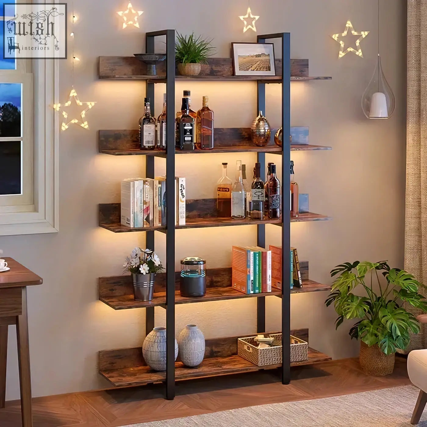 Rustic wooden 5-tier industrial bookshelf with black metal frame and built-in led lighting for stylish display
