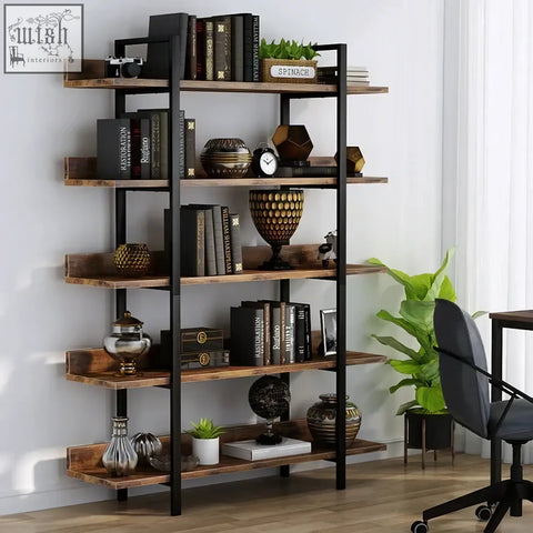Industrial bookshelf with black metal frame and rustic wooden shelves displaying books plants and decor in a 5-tier industrial design