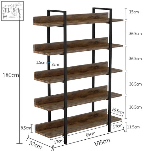 Industrial bookshelf with five rustic wooden shelves and black metal frame in a 5-tier industrial display rack