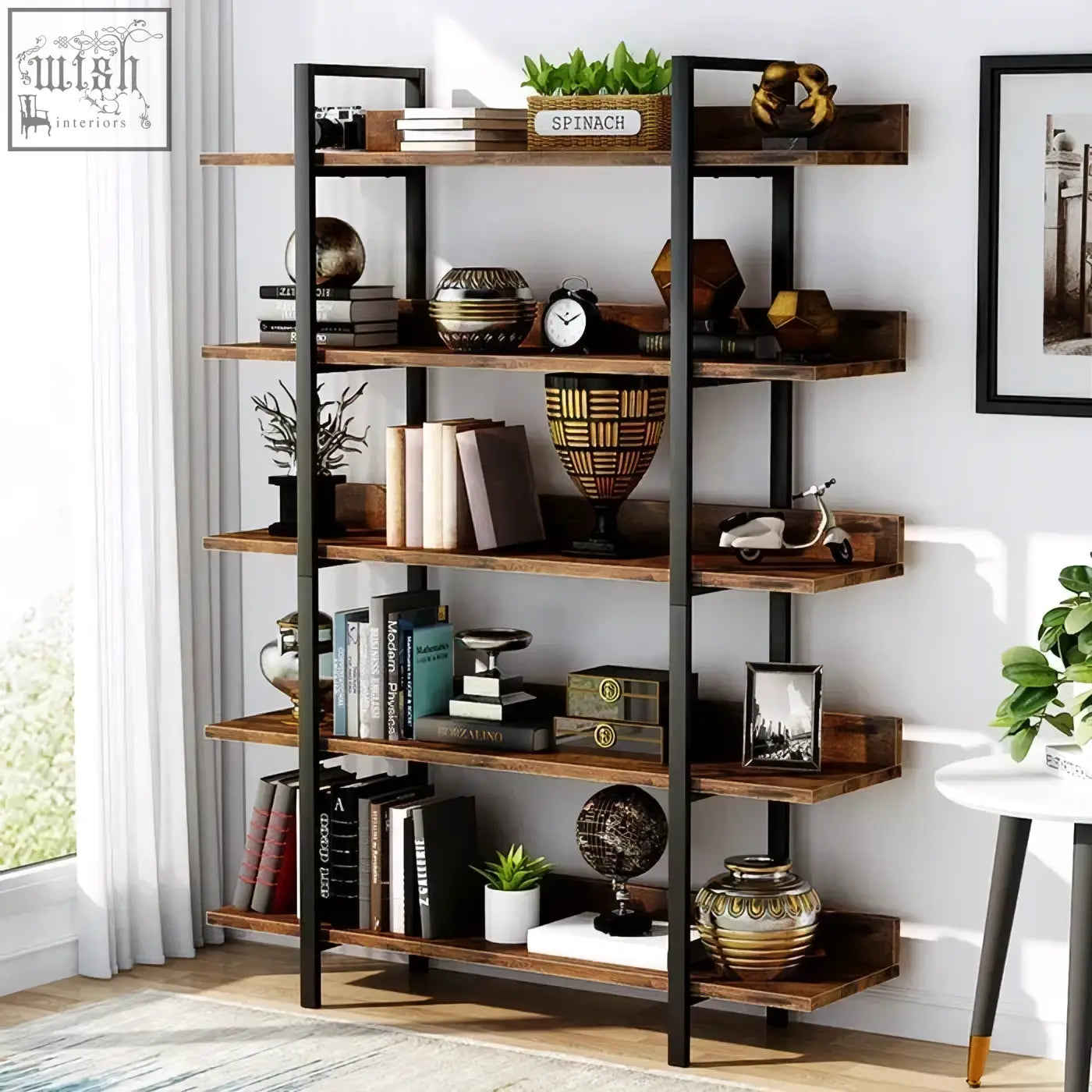 Industrial bookshelf with black metal frame and wooden shelves displaying books plants and decor 5-tier industrial style
