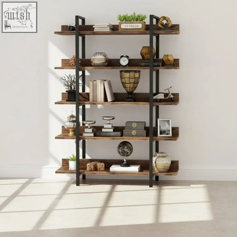 Industrial bookshelf with black metal frame and wooden shelves featuring five tiers for books and decor display