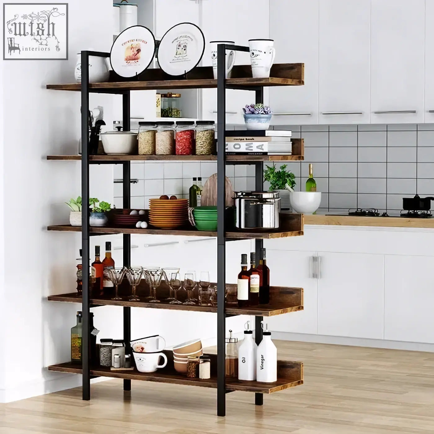 Industrial bookshelf with black metal frame and wooden shelves featuring 5-tier industrial design for kitchen storage