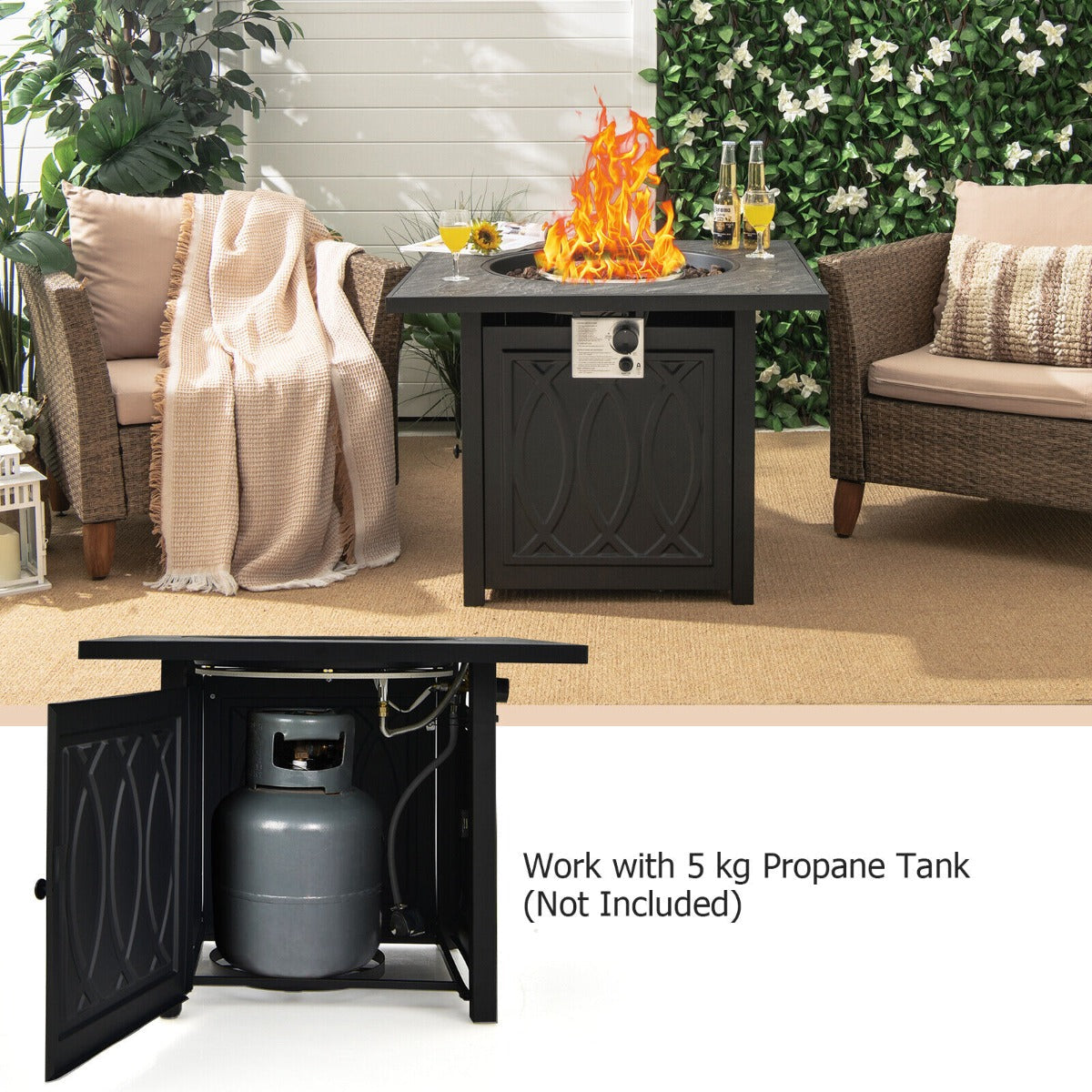 Black cast iron pit table with decorative lattice panels and stainless steel burner and propane tank compartment