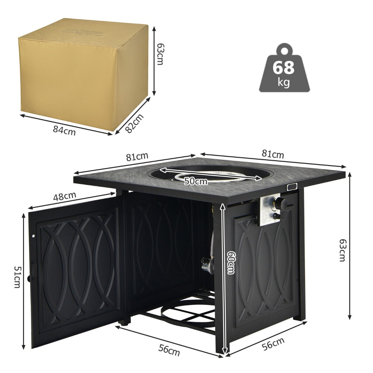 Black outdoor propane pit table with stainless steel burner and decorative panel doors featuring lava rocks cover