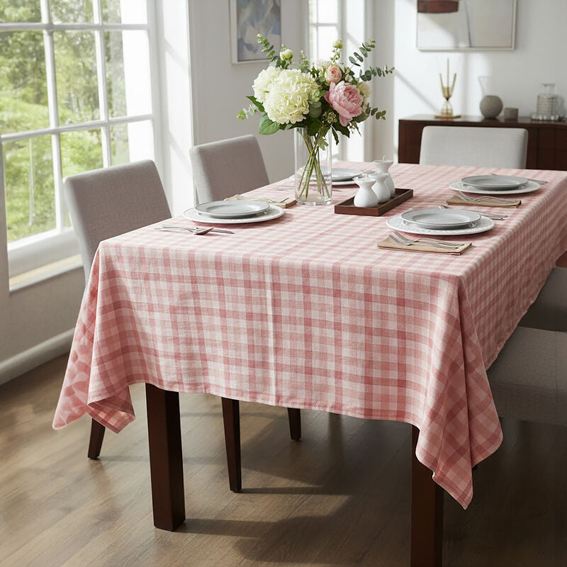 Thread and Loom Toasted Almond And Coral Check Tablecloth