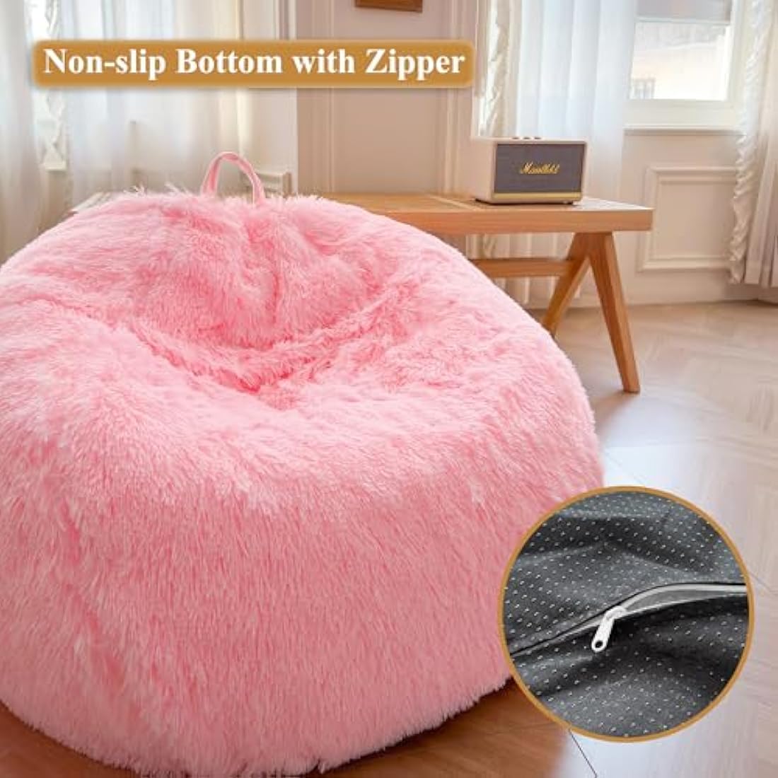 XeGe Faux Fur Comfy Bean Bag Cover for Living Room(No Filler), Fluffy Stuffed Animal Storage Bean Bag Chair Cover Home Decor, Furry Fuzzy Big Gaming Beanbag Cover Adults Kids Girls, Anti-slip, Pink