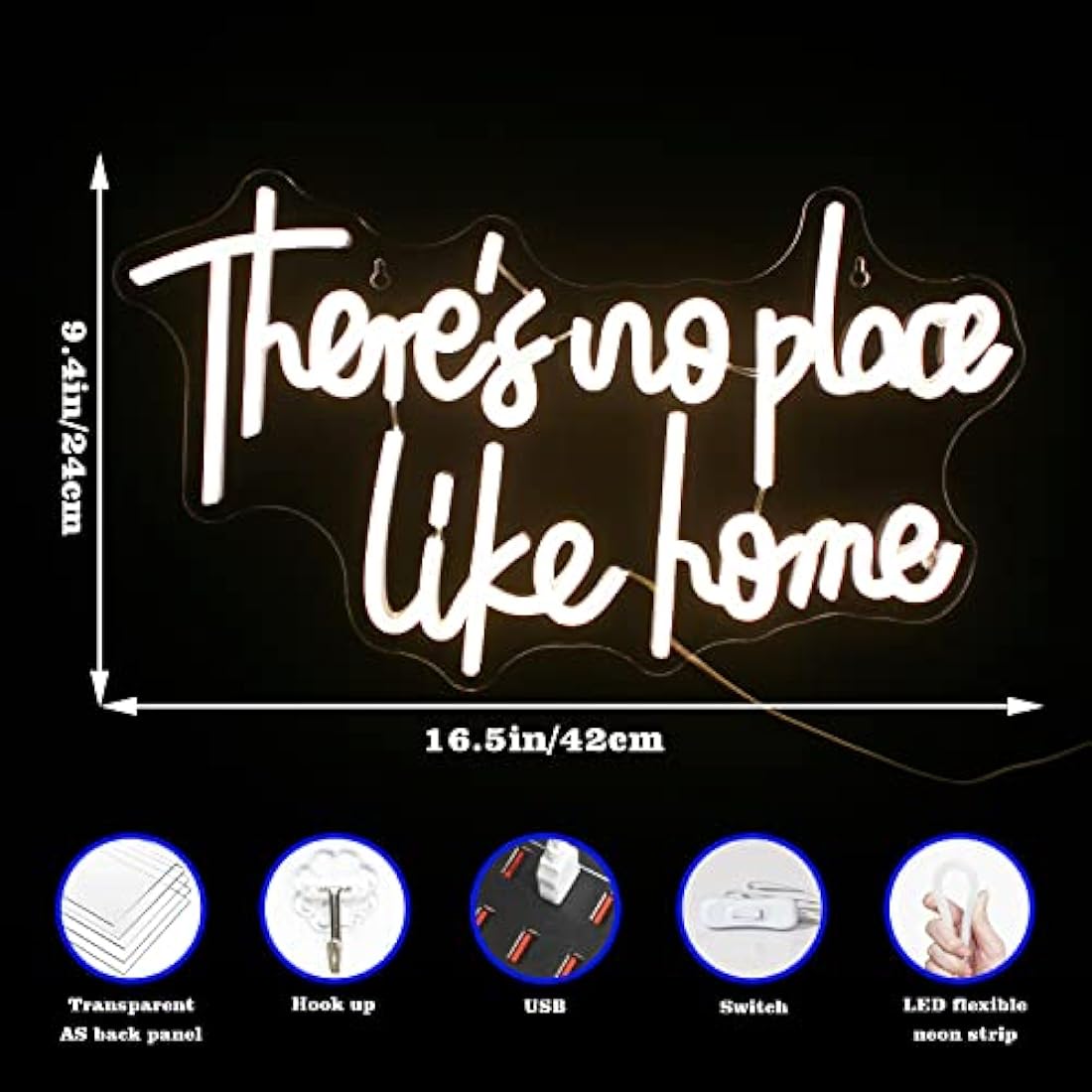 Looklight There’s no Place Like Home Neon Sign Warm White Neon Signs for Wall Decor, LED Light Sign USB Letter Light Up Signs for Bedroom Living Room Home Birthday Wedding Party