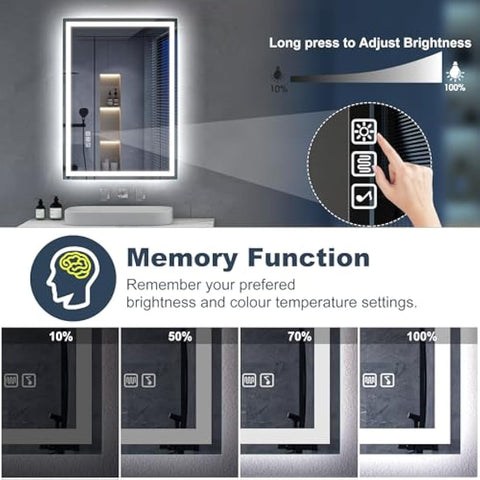 S'bagno Bluetooth-Bathroom-Mirror-with-LED-Lights 700x500mm, LED-Bathroom-Mirror with Defogging Mat, 3000K-6500K, Dimmable, Memory, HD Tempered Glass, IP44 Waterproof, Horizontal/Vertical