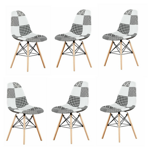 Black/White Patchwork Modern Dining Chair with Wooden Legs & Black Metal Wire Frame
