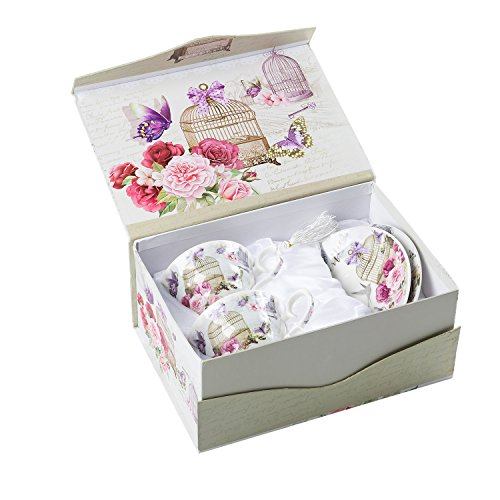 Coffee Tea Cup and Saucer Set 2 Shabby Chic Vintage Flora Porcelain Set Gift Box (Lalic Summer Garden)
