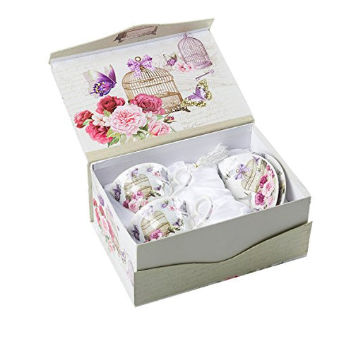 Coffee Tea Cup and Saucer Set 2 Shabby Chic Vintage Flora Porcelain Set Gift Box (Lalic Summer Garden)