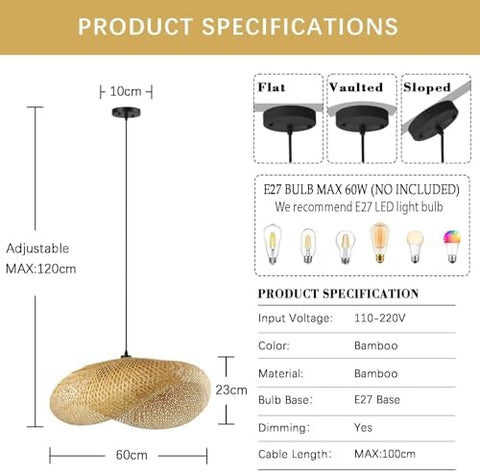 Schindora Boho Pendant Light,Creativity Hat E27 Rattan Lampshade Retro Light Straw Hanging Lights Weaving Pendant Lights for Dining Room Tea Room Living Room,60Cm