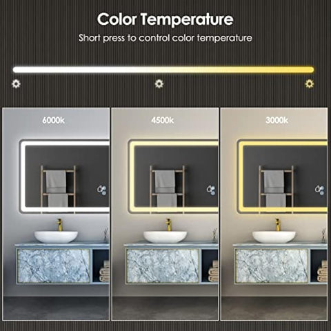 Potuem Bathroom Mirror with LED Lights, 500 * 700 MM Illuminated Backlit Wall Mounted Vanity Mirror with 3 Lights, Anti-Fog, Dimmable, IP54, Horizontal/Vertical