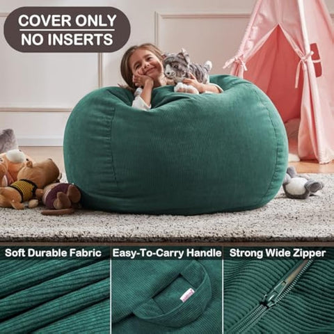 Nobildonna Bean Bag Chair Cover (No Filler) for Kids and Adults. Extra Large 300L Bean Bag Stuffed Animal Storage Washable Soft Premium Corduroy Stuffed Plush Toys Bean Bag Cover (Dark Green)