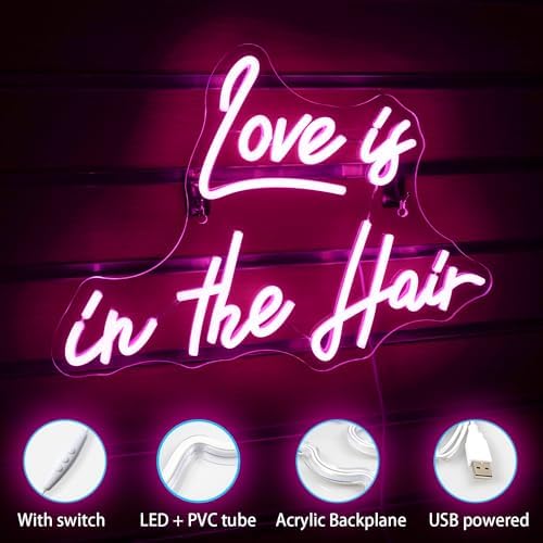 Horseneon Love is in the Hair Neon Light Sign Love Neon Sign Love Light Up Sign USB Dimmer Neon Signs for Wall Bedroom Wedding Livingroom Birthday Valentine'Day