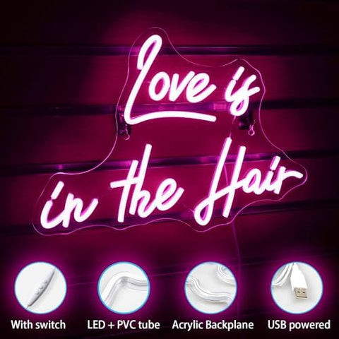 Horseneon Love is in the Hair Neon Light Sign Love Neon Sign Love Light Up Sign USB Dimmer Neon Signs for Wall Bedroom Wedding Livingroom Birthday Valentine'Day