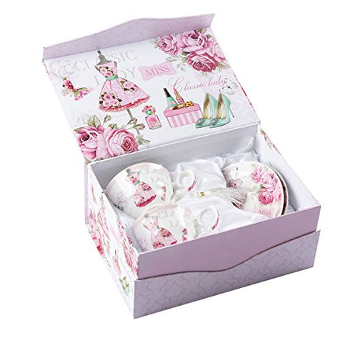 Coffee Tea Cup and Saucer Set 2 Shabby Chic Vintage Flora Porcelain Set Gift Box (Pink Classic Lady)