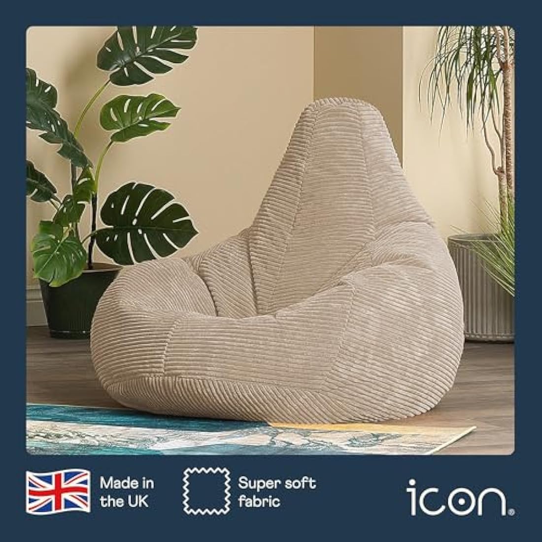 icon Dalton Cord Recliner Bean Bag, Beige, Large Adult Bean Bag Chair with Filling Included, Comfy Chair, Living Room Furniture, Bedroom Furniture