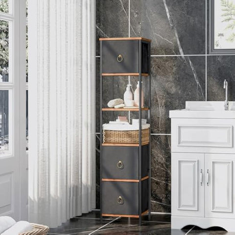 HOOBRO Tall Bathroom Cabinet, Narrow Corner Storage Cabinet, Slim Corner Shelf Unit with 3 Fabric Drawers and 2 Open Shelves, Narrow Storage Unit for Living Room, Rustic Brown and Black EBF140CW01