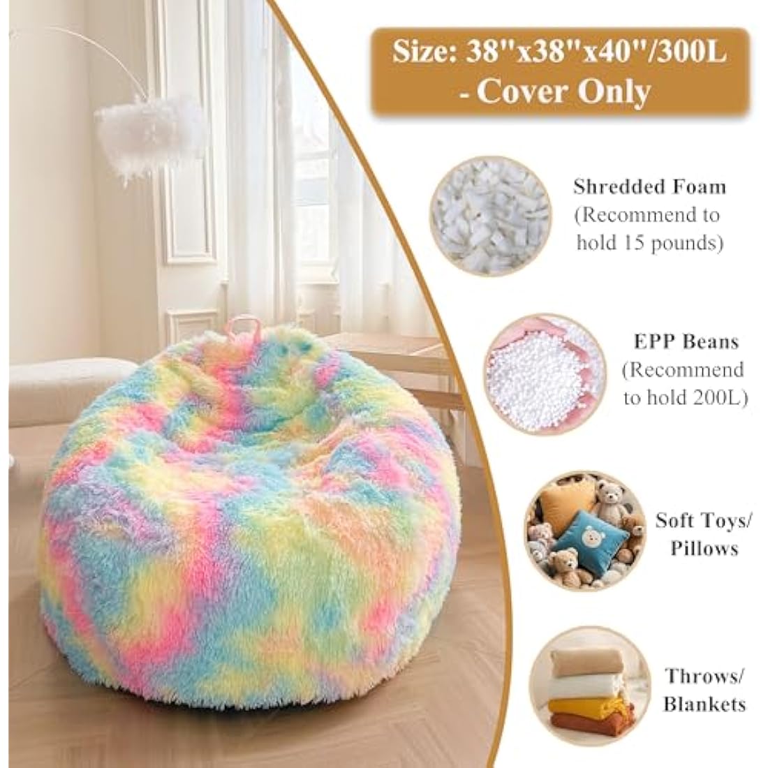 XeGe Faux Fur Comfy Bean Bag Cover for Living Room(No Filler), Tie Dye Fluffy Stuffed Animal Storage Bean Bag Chair Cover, Furry Fuzzy Big Beanbag Cover for Adult Teen Kid Girl, Anti-slip, Rainbow