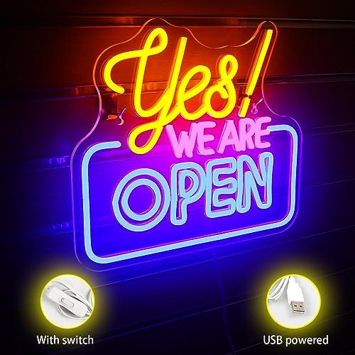 SIGNSHIP Open Neon Sign LED Sign Yes! WE are Open Neon Signs for Wall Decor Yellow&Pink&Blue Open Neon Light Sign Light Up Sign for Bar Restaurant Hotel Shop Club Decor