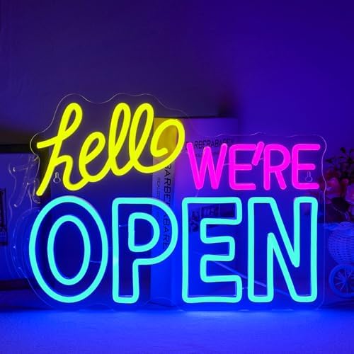 Ineonlife Open Neon Sign, Dimmable Led Light for Wall Decor, Neon Light Up Signs with USB, Blue Yellow Pink Hello We're Open Neon Lights for Business Bar Shop Salon Hotel Cafe Store