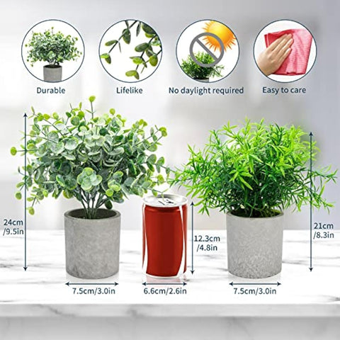 4 Set Artificial Plants Indoors in Pots, Plastic Fake Plants Potted, Eucalyptus, Rosemary, Small Succulents Faux Plants for Office Desk Bedroom Kitchen House Decoration