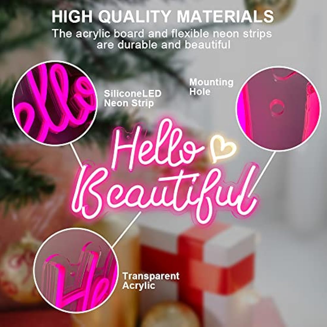 Pink Hello Beautiful Neon Sign with Soft White Heart - 43×27cm Dimmable 3-Level, Stable Neon Light for Girls Bedroom, Aesthetic Night Light with Ambient Glow, Cute Room Decor for Teens