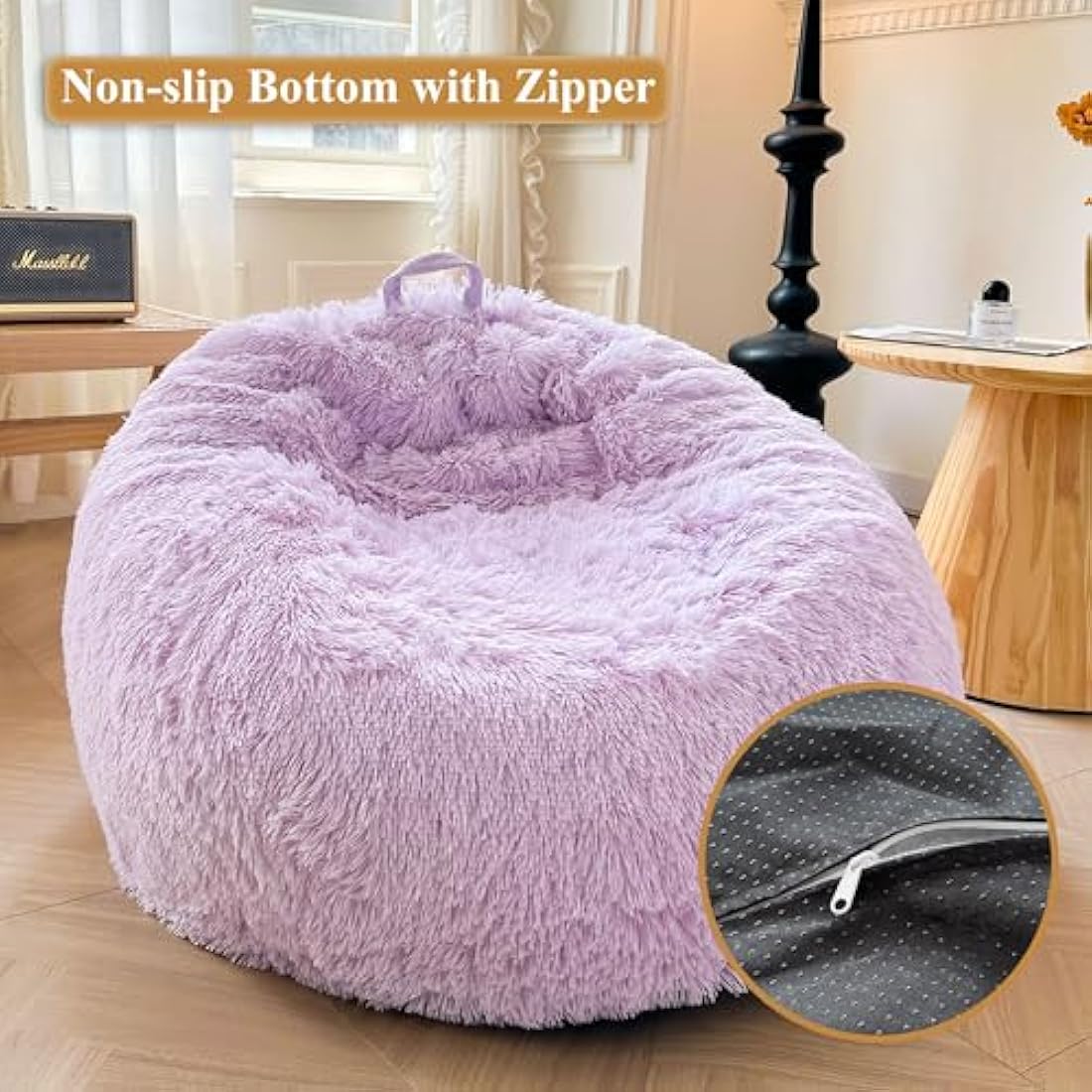 XeGe Faux Fur Comfy Bean Bag Cover for Living Room(No Filler), Fluffy Stuffed Animal Storage Bean Bag Chair Cover Light Purple, Furry Fuzzy Beanbag Cover for Adults Kids Girls, Anti-slip, Lavender