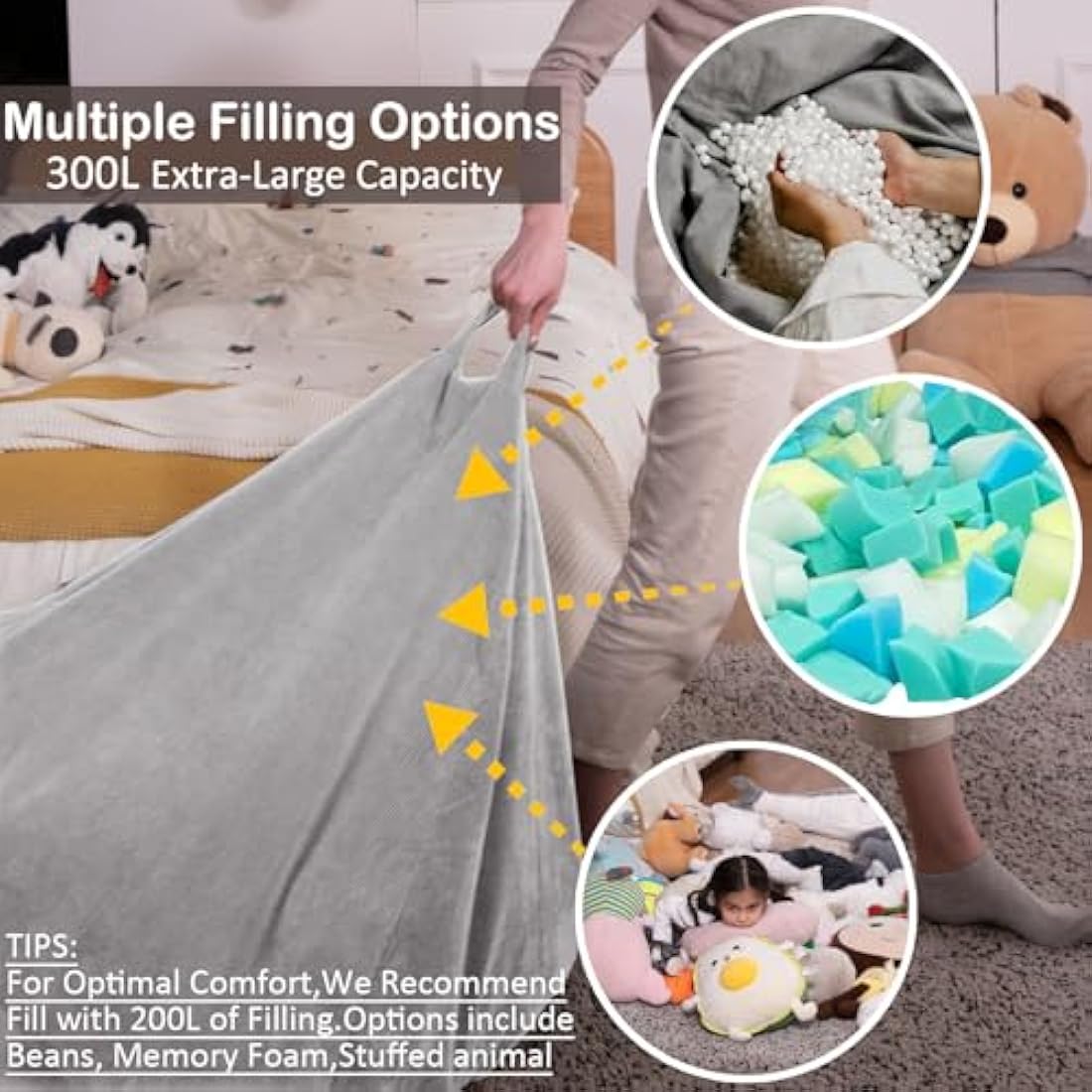 Nobildonna Bean Bag Chair Cover (No Filler) for Kids and Adults. Extra Large 300L Bean Bag Stuffed Animal Storage Washable Soft Premium Corduroy Stuffed Plush Toys Bean Bag Cover (Light Grey)