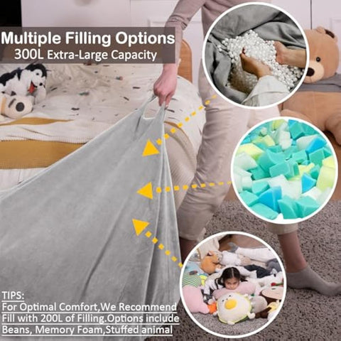 Nobildonna Bean Bag Chair Cover (No Filler) for Kids and Adults. Extra Large 300L Bean Bag Stuffed Animal Storage Washable Soft Premium Corduroy Stuffed Plush Toys Bean Bag Cover (Light Grey)