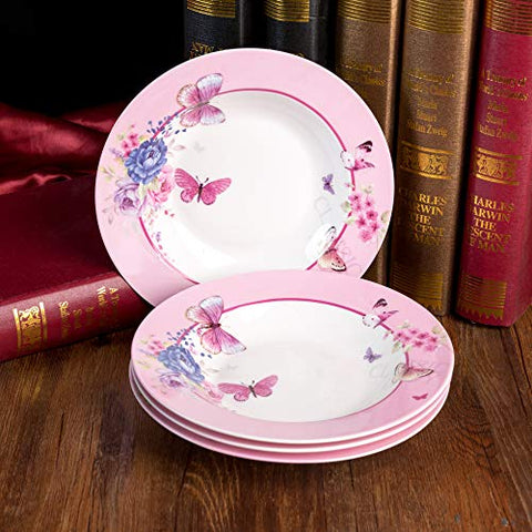 Porcelain Fine China Soup Pasta Bowls Wide Rimmed Set 4 Gift Box 9 inch 23cm (Butterflies Rose)