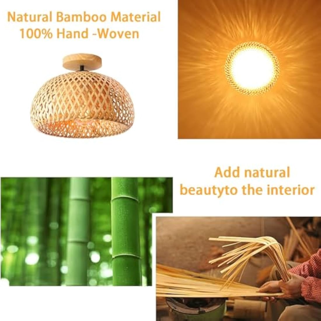 Schindora Bamboo Ceiling Light,Rattan Semi Flush Mount Ceiling Light Fixture,Handmade Boho Rattan Light Fixtures,Farmhouse Light Fixtures for Bedroom Nursery Hallway Corridor Passway