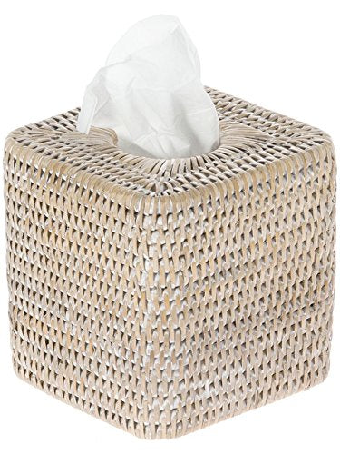 KOUBOO La Jolla Rattan Square Tissue Box Cover, White Wash, Wicker, 13.97 x 13.97 x 14.61 cm
