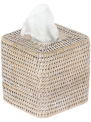 KOUBOO La Jolla Rattan Square Tissue Box Cover, White Wash, Wicker, 13.97 x 13.97 x 14.61 cm