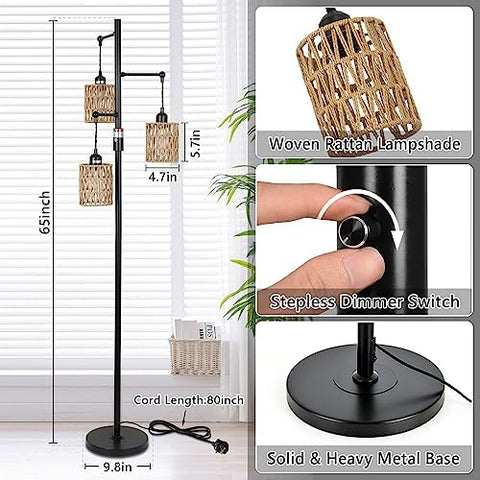 Rayofly Dimmable Rattan Floor Lamp, 3-Lights Boho Lamp with Stepless Dimmer, Industrial Lamps for Living Room, Tall Tree Shades, Farmhouse Standing Bedroom Black-3 Lights