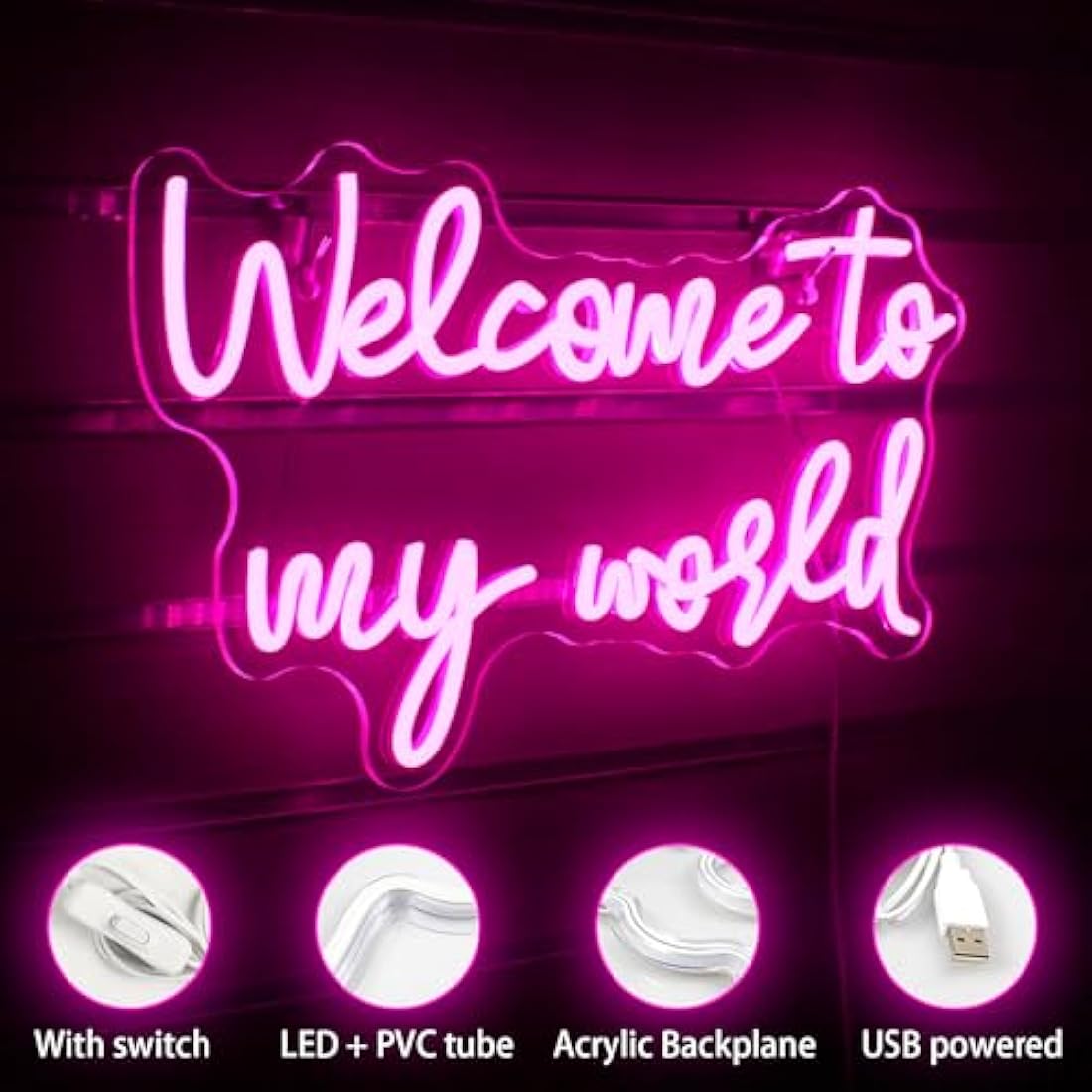 LUCUNSTAR Welcome To My World neon sign, neon letter signs for wall decoration, pink lights signs with USB connection for bedroom, window, playroom, living room