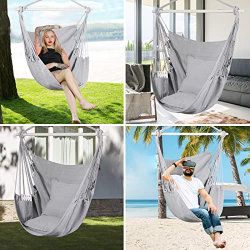 Goutime Hammock Chair Swing, 2 Seat Cushions/Pillows, Detachable Metal Support Bar, Carry Bag, Bedroom/Outdoor, 330 lbs max (Gray)