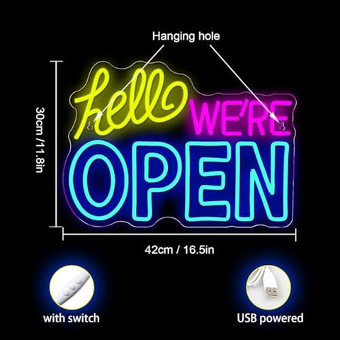 Ineonlife Open Neon Sign, Dimmable Led Light for Wall Decor, Neon Light Up Signs with USB, Blue Yellow Pink Hello We're Open Neon Lights for Business Bar Shop Salon Hotel Cafe Store