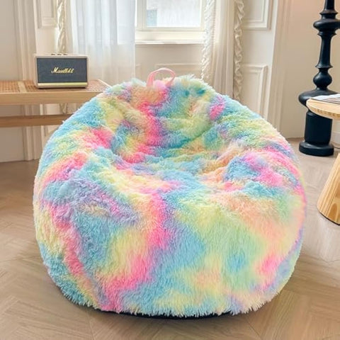 XeGe Faux Fur Comfy Bean Bag Cover for Living Room(No Filler), Tie Dye Fluffy Stuffed Animal Storage Bean Bag Chair Cover, Furry Fuzzy Big Beanbag Cover for Adult Teen Kid Girl, Anti-slip, Rainbow