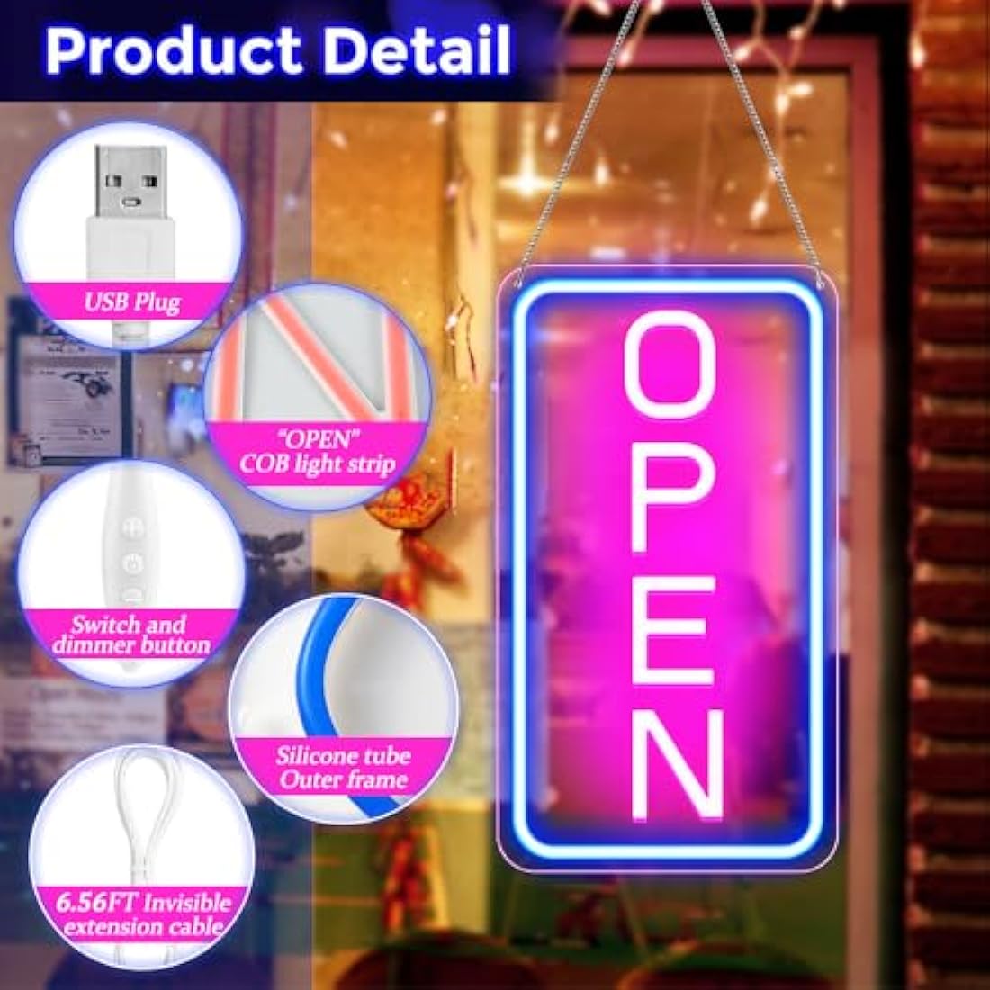 LightingWill LED Neon Open Sign, 16"x 9" Ultra Bright Open Signs for Business, Dimmable 5V USB Light Up Signs for Business Window, Coffee Shops, Stores, Restaurants Bars Hotel, Blue/Pink, Vertical