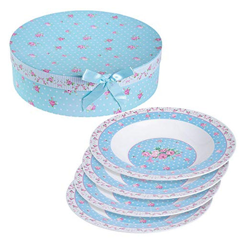 Porcelain Fine China Soup Pasta Bowls Wide Rimmed Set 4 Gift Box 9 inch 23cm (Rose Blue)