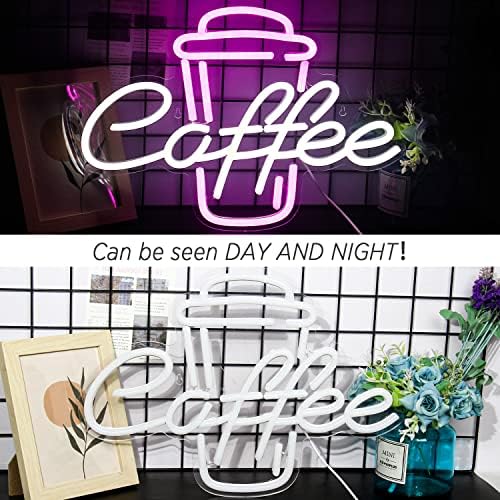 Ineonlife Coffee Neon Light Sign Pink Neon Signs Neon Lights White Open Sign White Letter Light Up Coffee Cup Neon Light Signs for Wall Cafe Bar Restaurant Decor