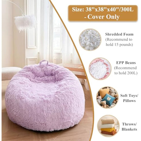 XeGe Faux Fur Comfy Bean Bag Cover for Living Room(No Filler), Fluffy Stuffed Animal Storage Bean Bag Chair Cover Light Purple, Furry Fuzzy Beanbag Cover for Adults Kids Girls, Anti-slip, Lavender