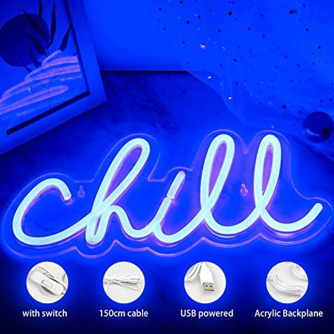 ineonlife Chill Neon Sign Blue Led Sign Chill Neon Wall Light 14'' x 7'' Letter Led Signs for Wall Decor Led Lights for Bedroom Bar Hotel Game Room